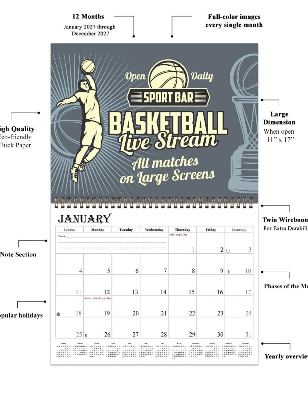 2027 Spiral-bound Wall Calendar (Basketball) - 12 Months Desktop (11x17)